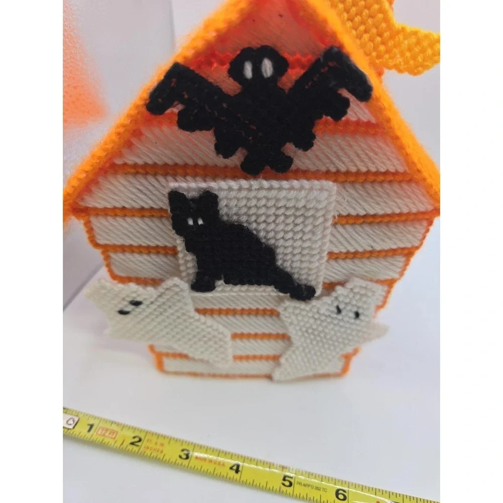Handmade Needlepoint Plastic Canvas Tissue Box Cover  Halloween Cats/Ghosts Bats